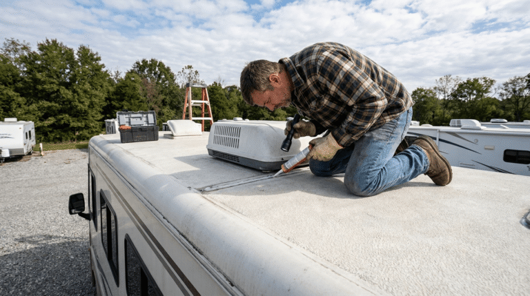 man on motorhome roof