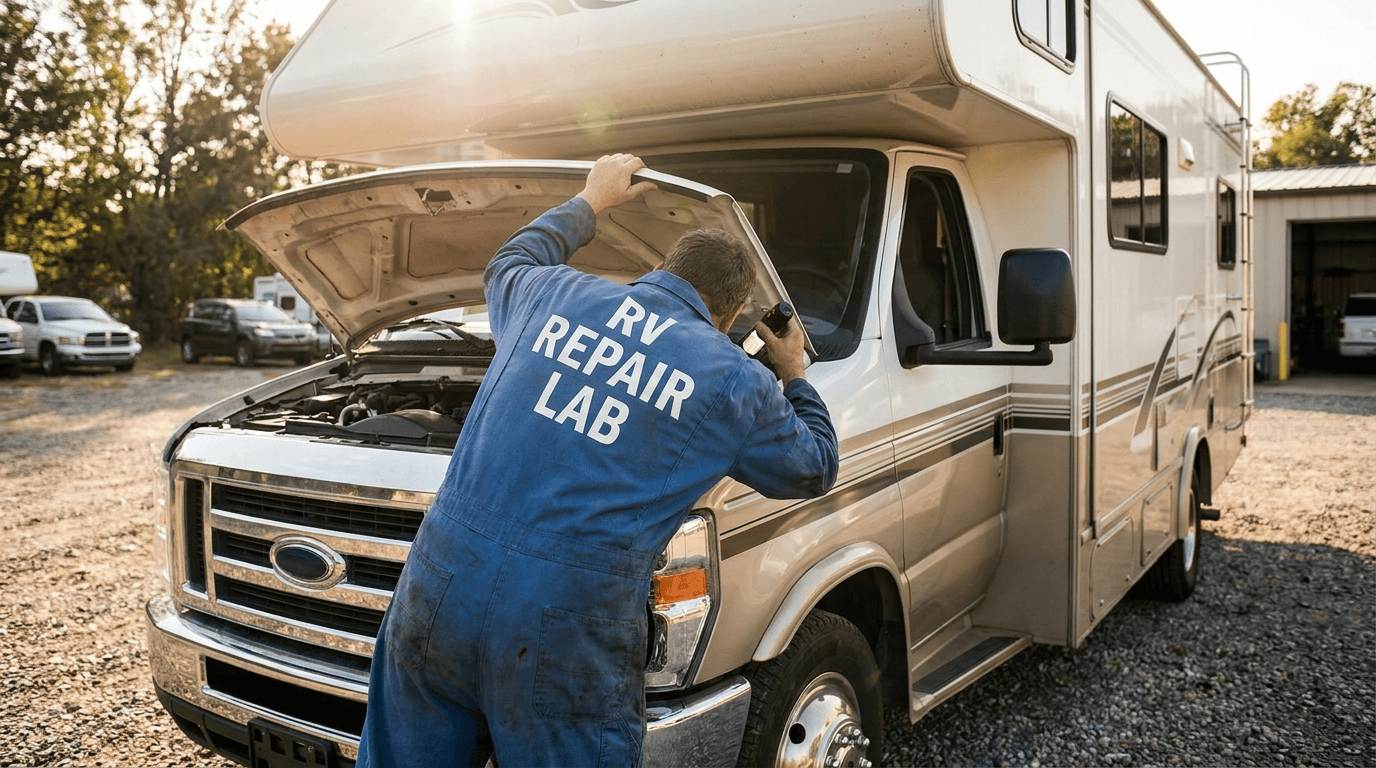 rv repair lab tech checking engine