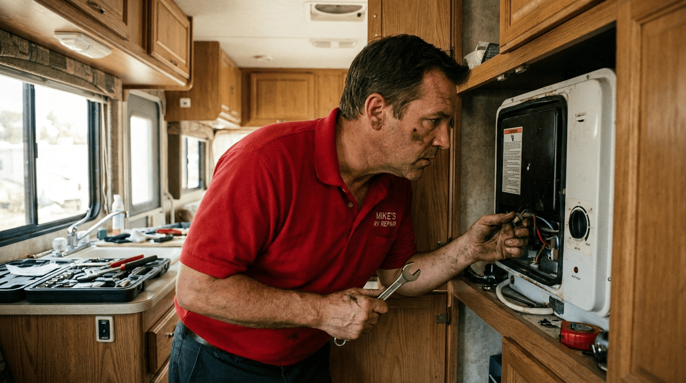 man repairing hot water heater in an rv