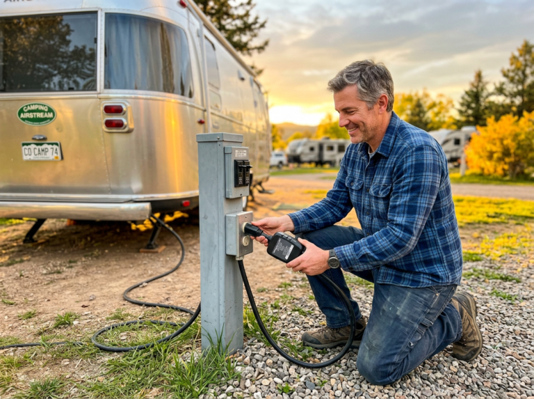 man using rv surge protector