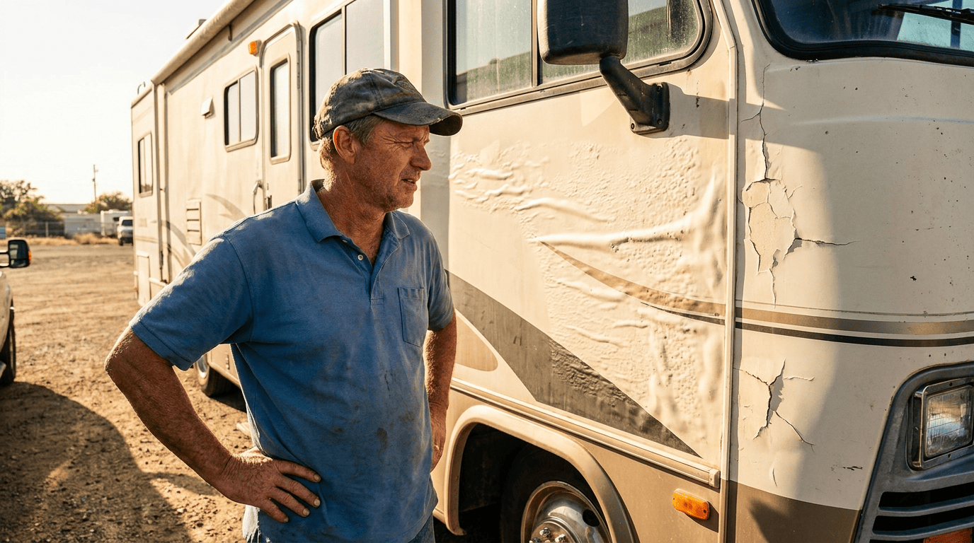 man looking at rv delamination