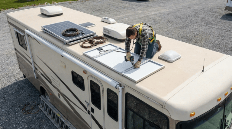 man installing solar on an rv roof